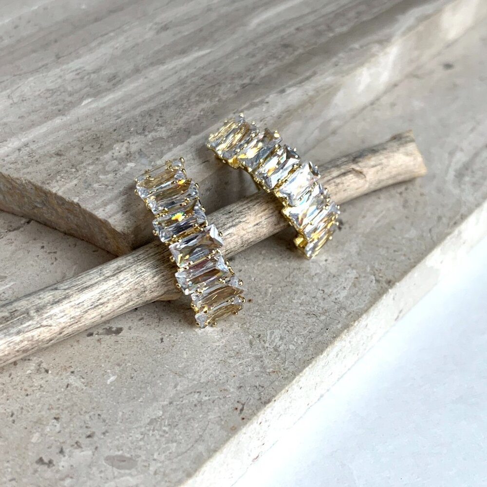 NEW~ Anthropologie Stacked Crystal Half Hoop Gold Earrings